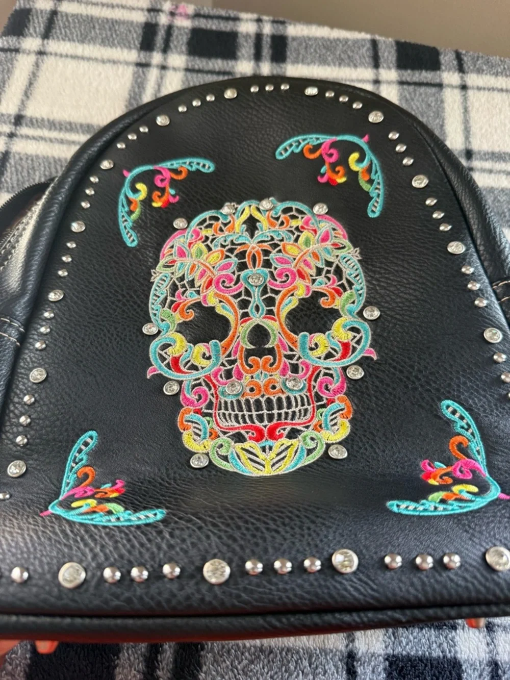 Montana West Black Mini Backpack with Multicolor Embroidered Sugar Skull